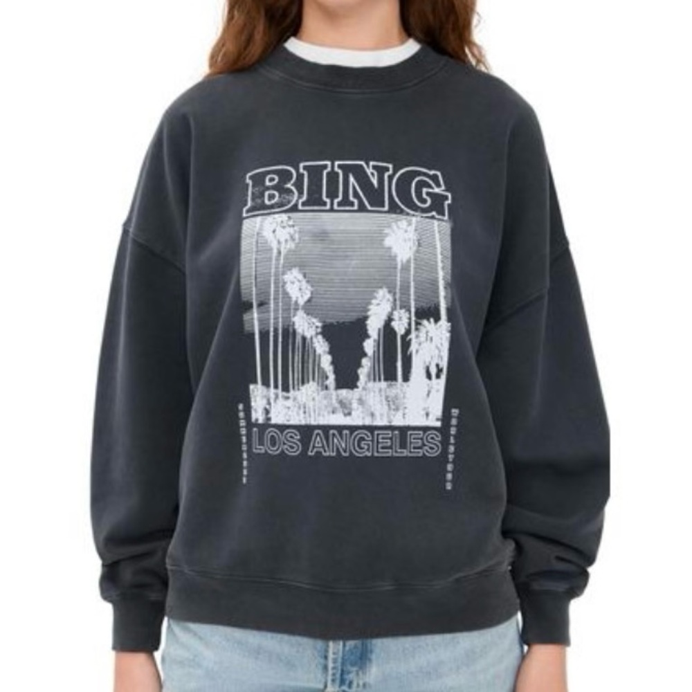 Anine Bing Miles Bing Tour Crewneck Sweatshirt in Washed Black with Logo NWT
